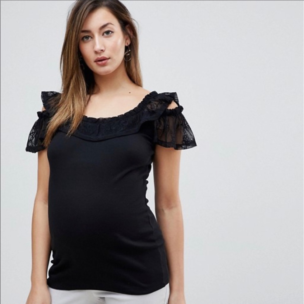 ASOS Black Ribbed Lace Off Shoulder Top
